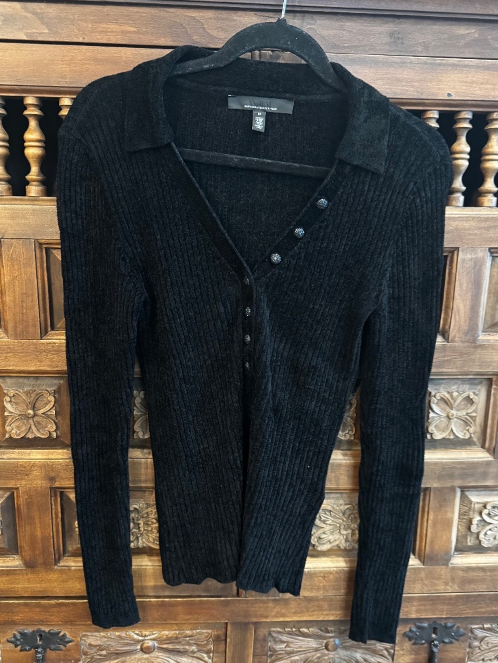 White House Black Market Black Ribbed Long Sleeve Polo Like Sweater Size Medium